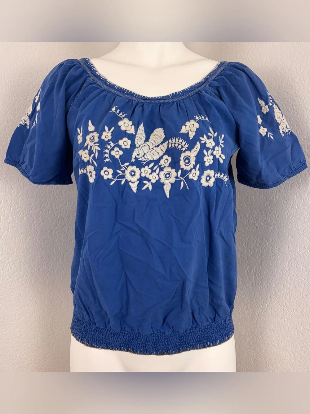One September Blue Embroidered Peasant Top